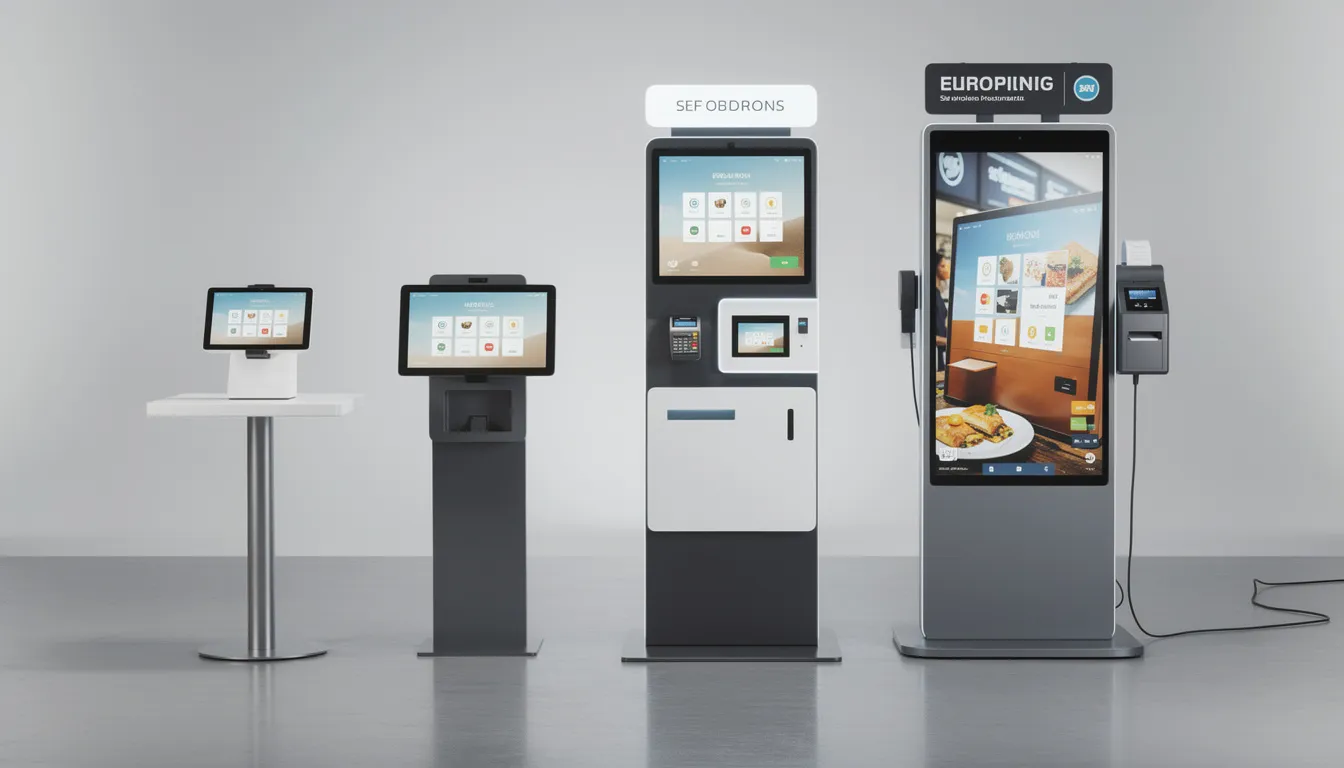 The image showcases a variety of self-service kiosks, including tablet-based models and enterprise all-in-one systems, designed for restaurant deployment. This display emphasizes different service kiosk solutions that enhance customer experience, streamline the ordering process, and reduce labor costs.