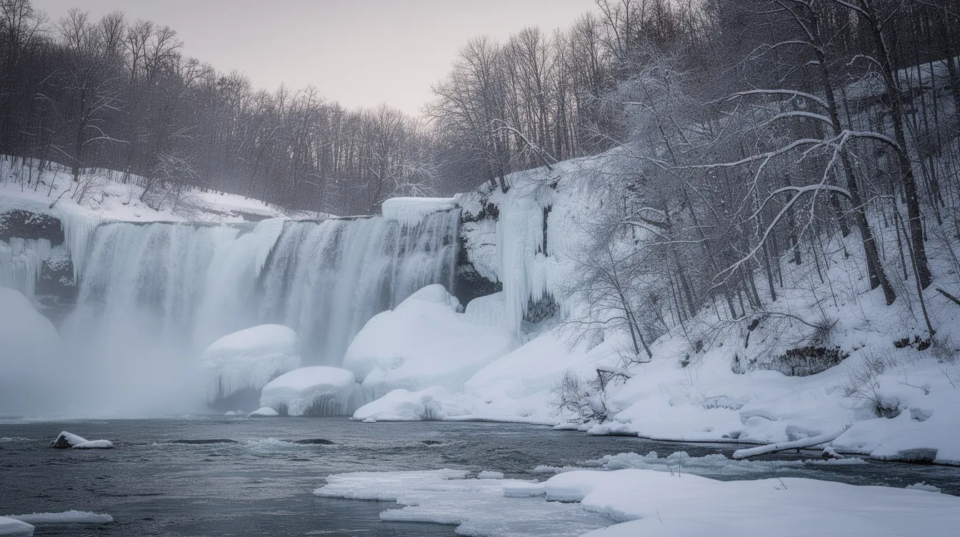 Imagem de cachoeiras majestosas rodeadas por uma floresta invernal, com bordas cobertas de neve e galhos sem folhas, evocando a beleza do Parque Nacional dos Lagos de Plitvice, na Croácia. A cena transmite uma atmosfera serena e fria, típica do inverno, com o som da água caindo ao fundo.