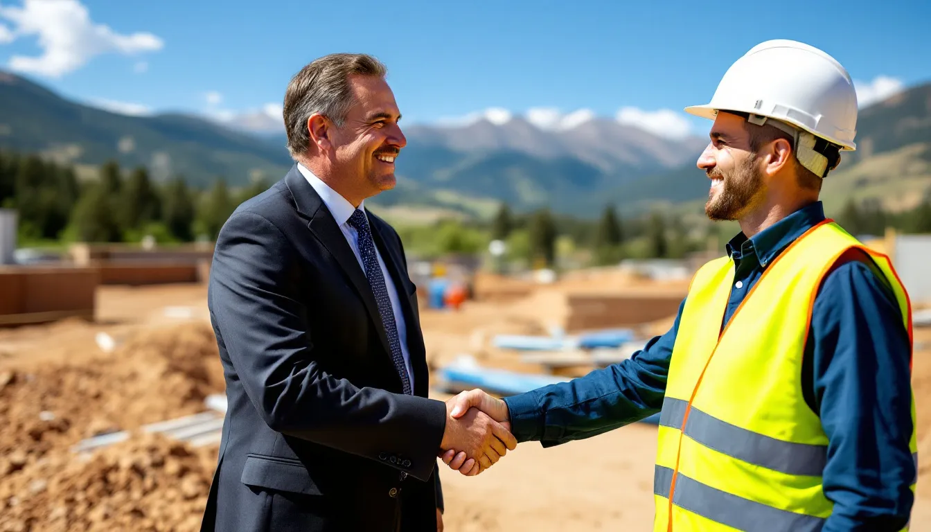 In the image, attorney Steve Johnston is shaking hands with a construction worker at a job site, with the scenic mountains of Colorado in the background. This moment symbolizes the support and guidance that workers compensation attorneys provide to injured workers navigating their claims for benefits and medical treatment.