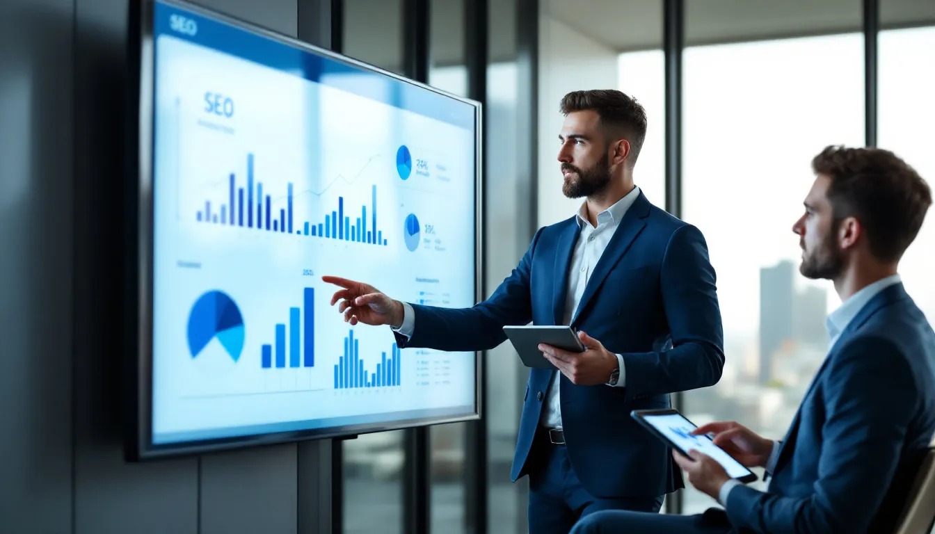 A successful Australian business owner reviewing SEO results with an expert.