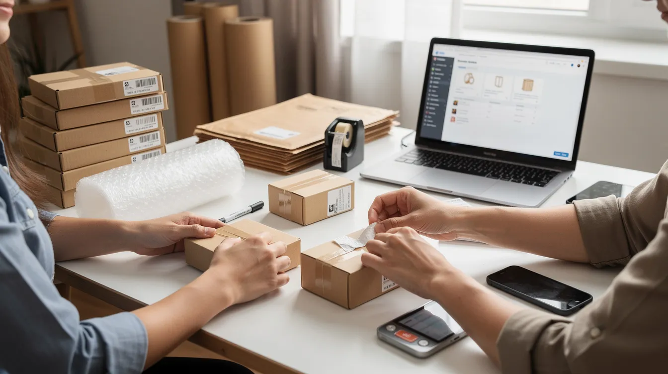 A seller is focused on packing small parcels at a clean desk, surrounded by various shipping supplies, ready to ship popular items like health and beauty products or vintage items to buyers on their eBay account. The organized workspace reflects the efficiency of successful sellers who understand market trends and buyer demand.