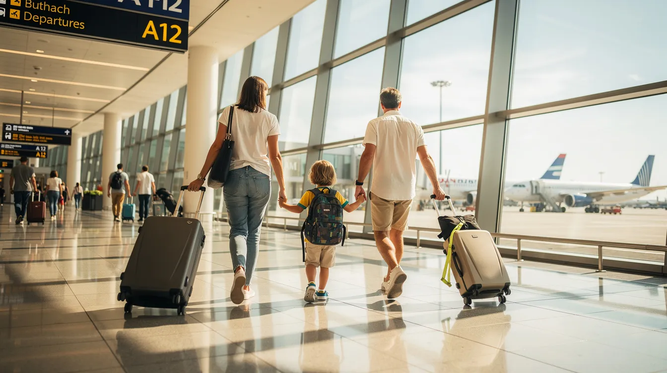 A family is walking through an airport terminal, each member carrying luggage as they navigate the busy space. The scene captures the hustle and bustle of travel, highlighting their anticipation for the journey ahead.