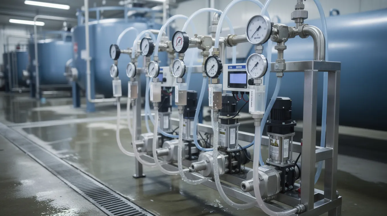 The image features chemical dosing pumps used in water treatment systems, showcasing various types such as diaphragm metering pumps and peristaltic pumps. These pumps are essential for accurate dosing in chemical dosing applications, ensuring precise chemical injection and flow rate control for effective water treatment.
