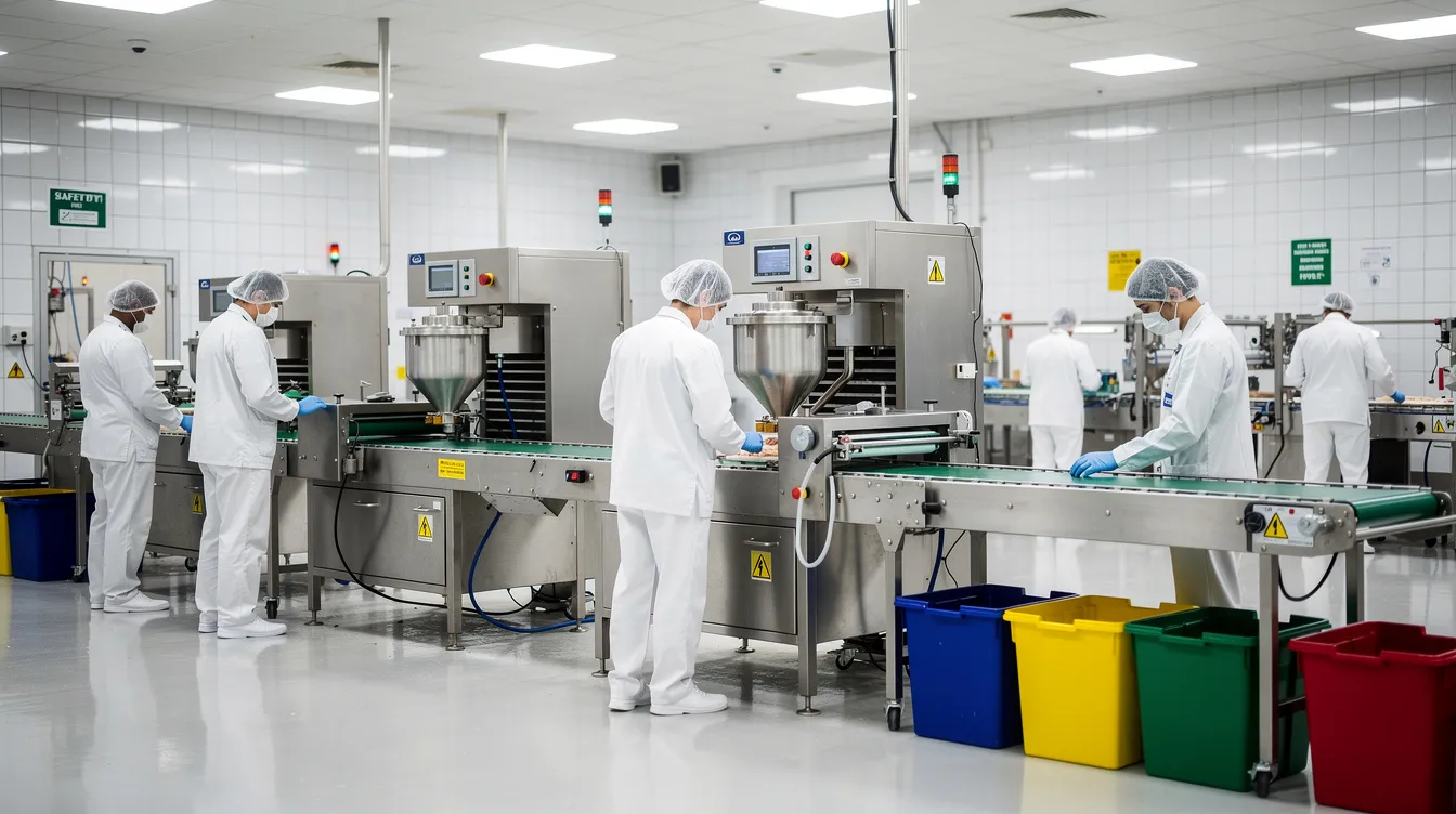 8691974b 9bbb 442a 87b0 3f1b487f64f9 In a clean factory environment, workers in white uniforms are operating food processing equipment, focusing on the poha manufacturing process. The scene highlights the use of advanced machinery for producing flattened rice, ensuring high product quality and production efficiency.