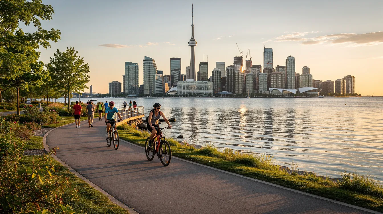 The image depicts a scenic waterfront cycling and walking trail along Lake Ontario, with the Toronto skyline featuring modern soft lofts and art deco buildings in the background. The view includes lush greenery and the vibrant atmosphere of Toronto's waterfront, making it an inviting space for outdoor activities.