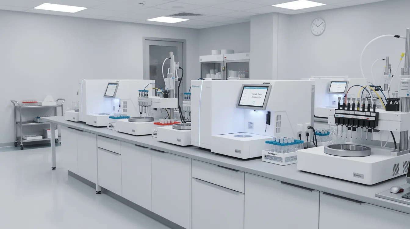 The image depicts a variety of laboratory analysers and diagnostic testing equipment, including ultrasound machines and MRI machines, neatly arranged in a clinical setting, emphasizing the importance of medical equipment in healthcare providers' operations. This setup highlights the need for medical equipment financing solutions to support diagnostic centres and healthcare businesses.