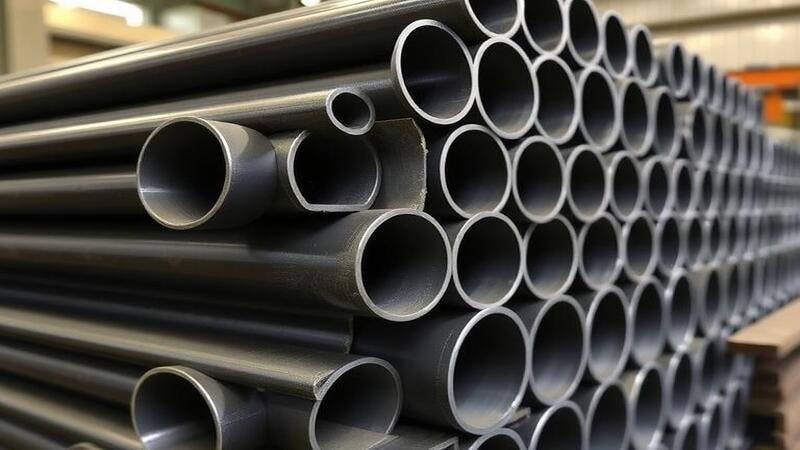 Stack of round and square carbon steel tubes with clean, shiny laser-cut edges. 