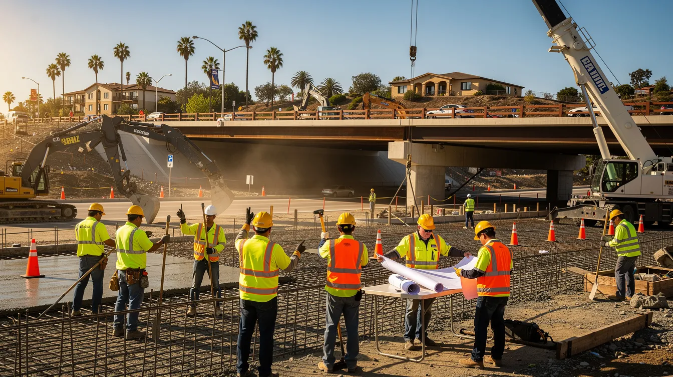 A bustling construction site in Southern California features workers in hard hats and safety vests engaged in a public infrastructure project, ensuring compliance with prevailing wage laws and DIR filing requirements. The scene captures the importance of certified payroll records and the key responsibilities of contractors and subcontractors in maintaining labor standards.