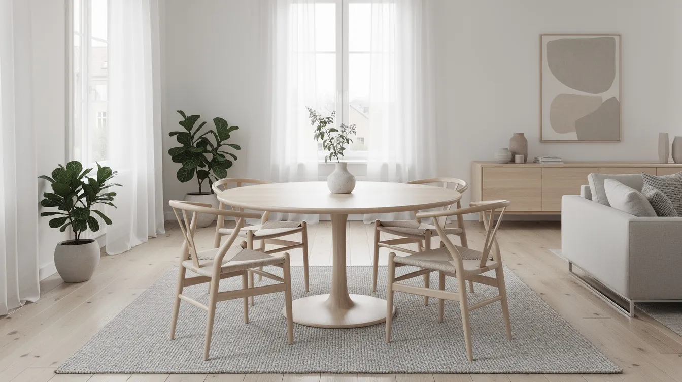 Ett runt matbord i ljust trä med pelarunderrede står i ett skandinaviskt vardagsrum, vilket ger både stil och funktion. Bordet erbjuder tillräckligt med utrymme för många stolar, vilket skapar en bekväm matplats för att samla familj och vänner.