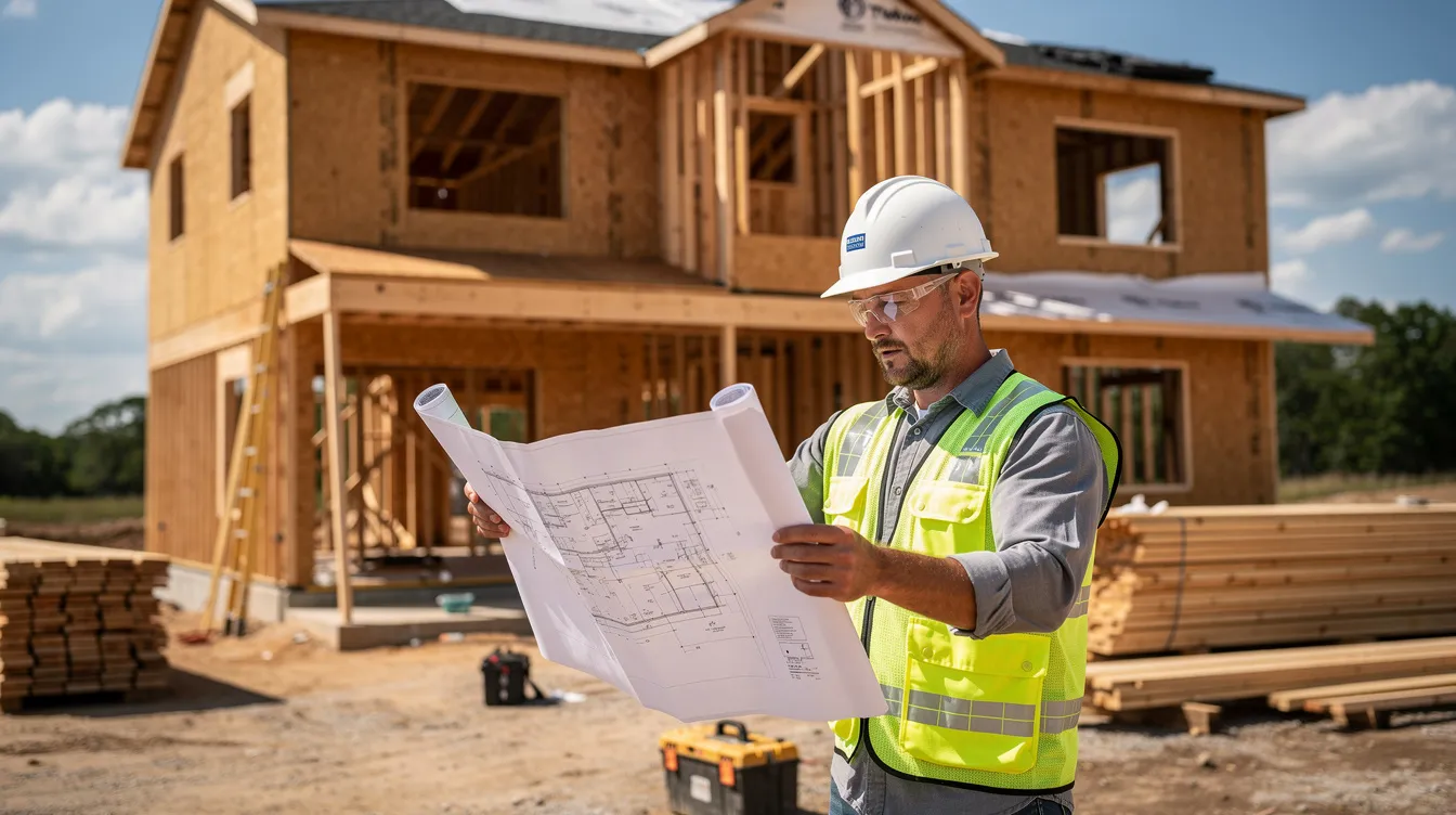 A contractor is focused on reviewing detailed building plans at a residential construction site, surrounded by construction materials and equipment. This scene highlights the importance of planning in real estate investing, especially for projects like rental properties or fix and flip ventures.