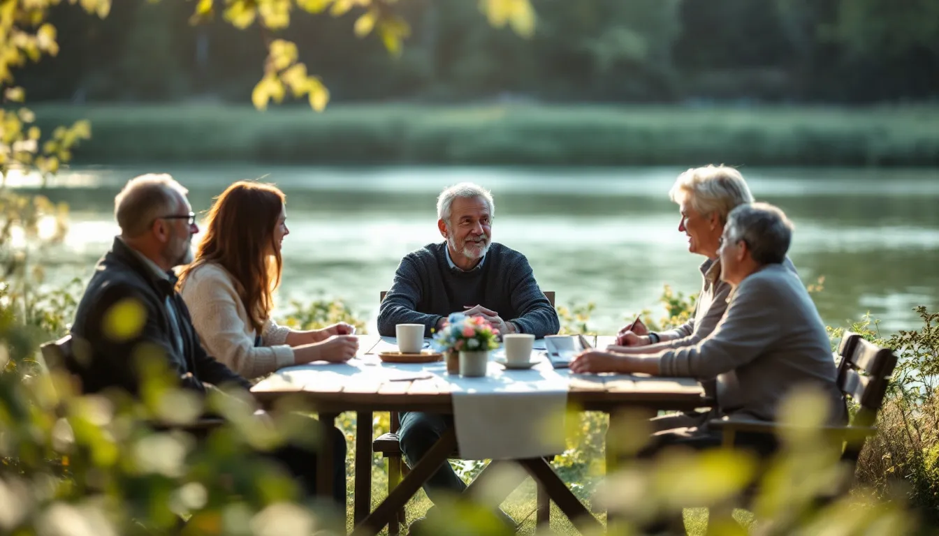Eine Familie, die sich bei einer Rheinbestattung um einen Tisch versammelt, um ihre Erinnerungen zu teilen.