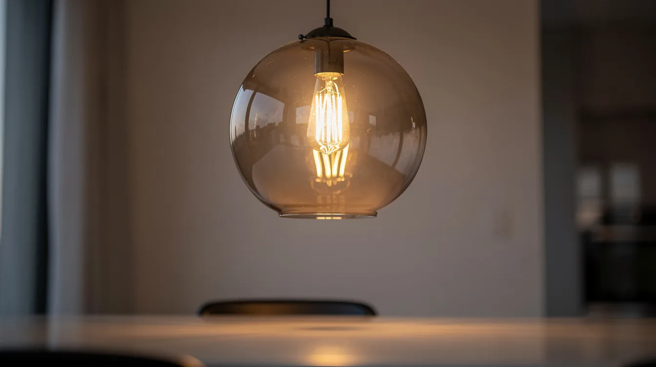 En LED-filamentlampa avger ett varmvitt ljus inuti en klar glasglob, som hänger som en pendel över ett matbord. Lampan, med sin klassiska stil och eleganta lampskärm i glas, skapar en mysig belysning i rummet.