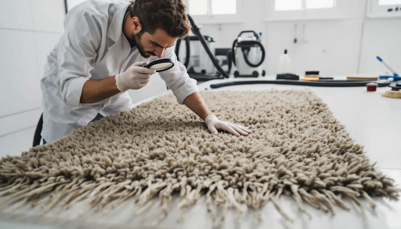 The image depicts a professional facility where a team of experts is performing a detailed rug cleaning process, focusing on various types of rugs, including delicate oriental rugs. The scene highlights the specialized cleaning process, ensuring excellent service with no hidden fees, while also showcasing the rigorous background screening of all employees involved in the care and restoration of rugs.