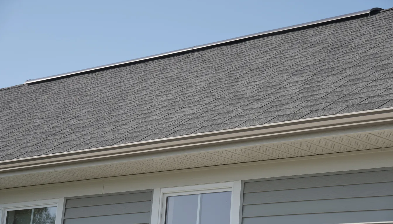 The image shows the exterior view of a residential roof featuring ridge vents along the peak and soffit panels under the eaves, which are essential for proper attic ventilation. This setup helps to manage hot air and moisture, reducing the risk of attic ventilation issues and promoting energy efficiency in the home.