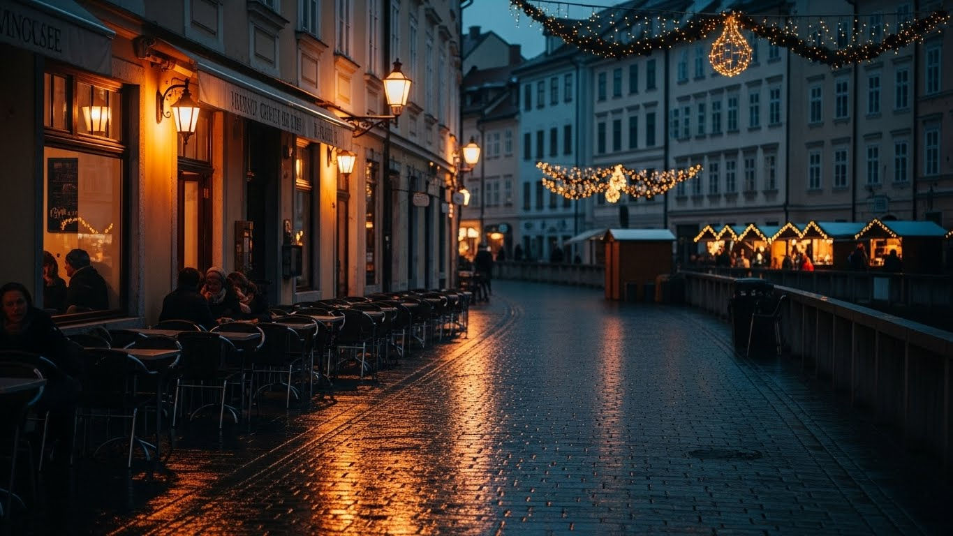 Winter evening in Ljubljana with softly lit streets, cafés along the river, festive lights, and a calm, cozy atmosphere in the city center.