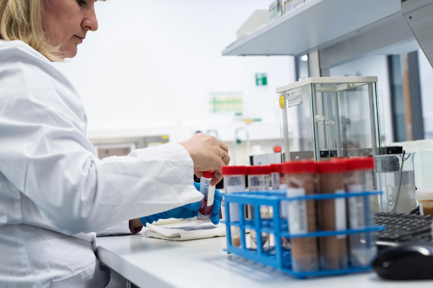 Person in a lab coat and blue gloves holds test tubes.