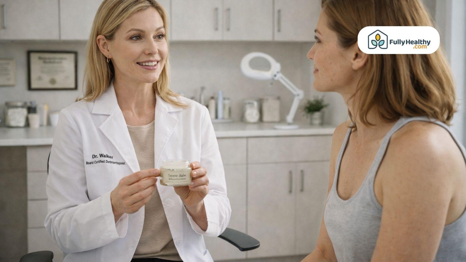 Dermatologist showing tallow product to patient in clean clinical setting