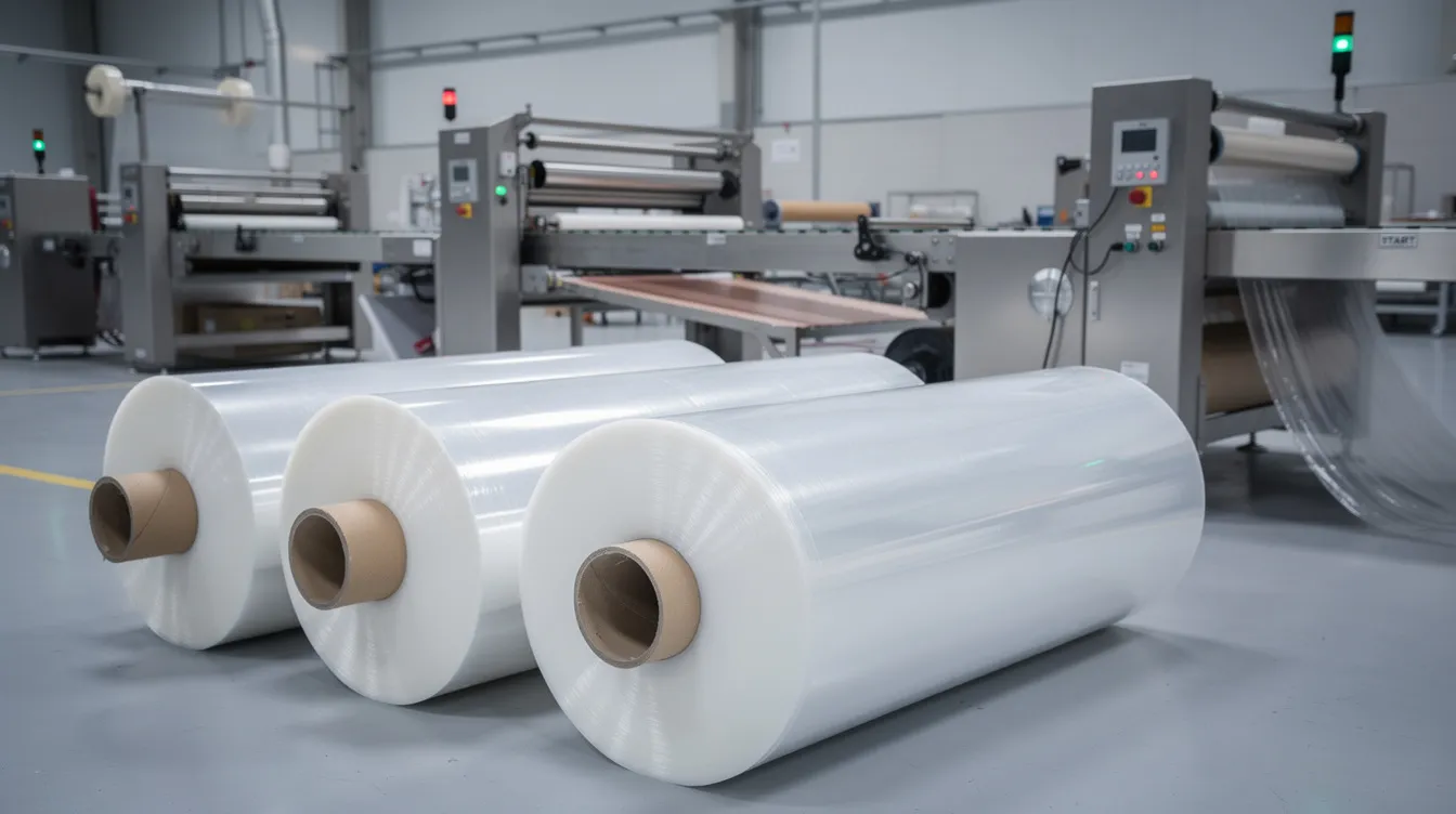 The image shows rolls of clear plastic film, made from low density polyethylene (LDPE), positioned near industrial packaging equipment. These rolls are essential in various industries for packaging food, medical devices, and other sensitive products, highlighting their durability and moisture-proof qualities.