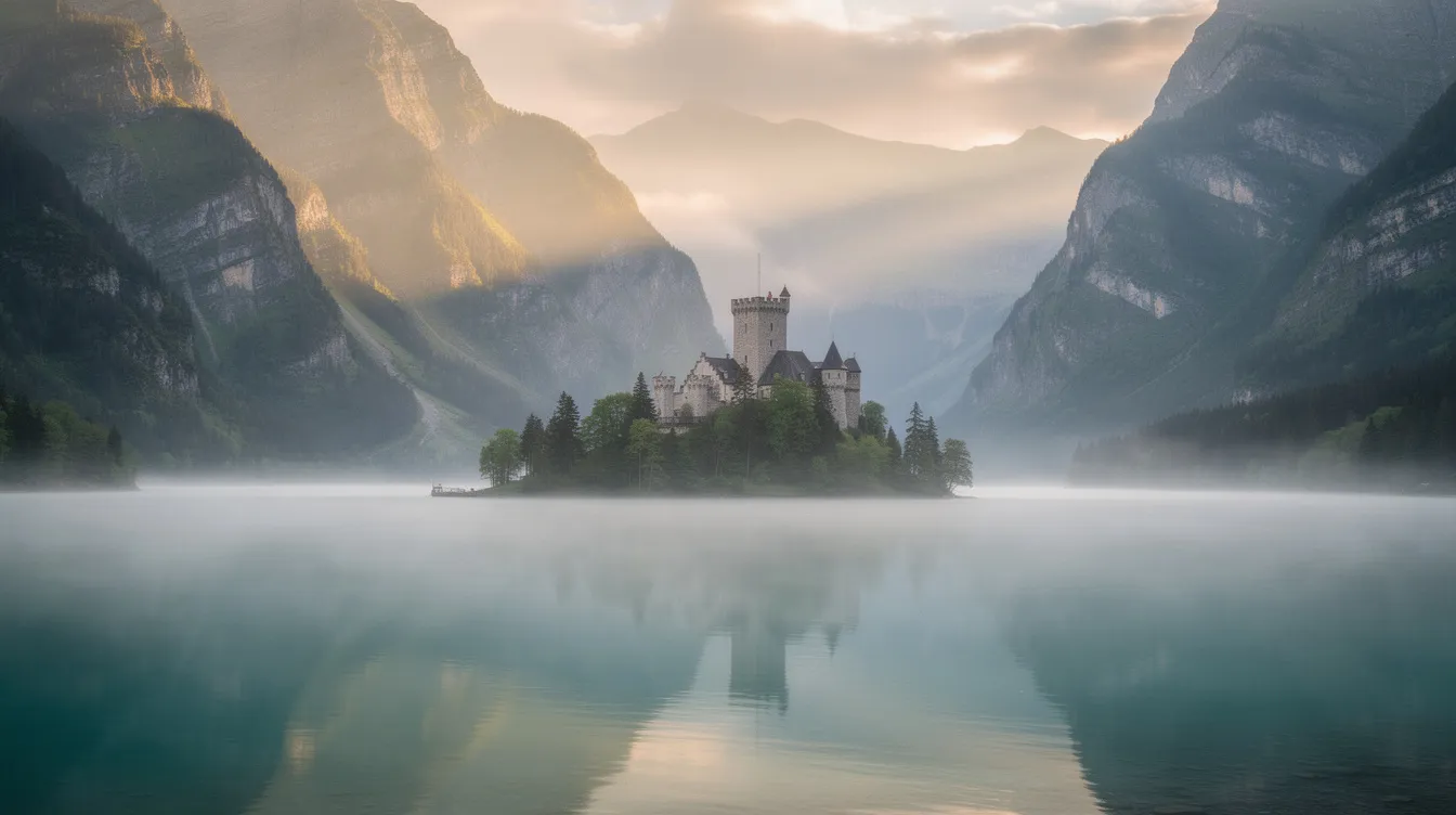 A imagem mostra um lago sereno cercado por montanhas majestosas, com uma pequena ilha ao centro e um castelo medieval imponente ao fundo, evocando a rica cultura da Croácia. O cenário reflete a beleza natural da região, com águas tranquilas que contrastam com as encostas montanhosas ao redor.