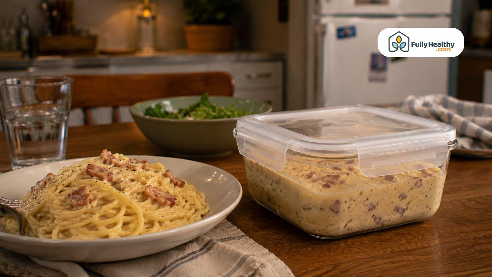 Sealed container of creamy leftover pasta stored beside freshly cooked spaghetti dinner.