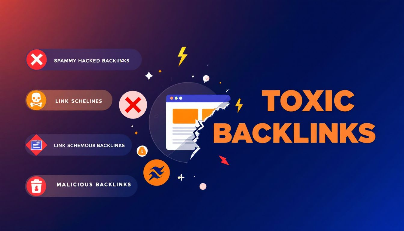 An illustration showing various toxic backlinks and their impact on a website's health.