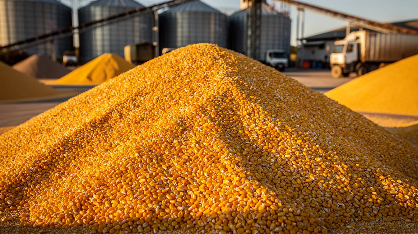 The image shows a large pile of golden maize kernels at an agricultural trading yard, highlighting a key raw material for the ethanol production process. This bulk of corn is essential for producing ethanol fuel and supports the ethanol industry by serving as a primary feedstock.