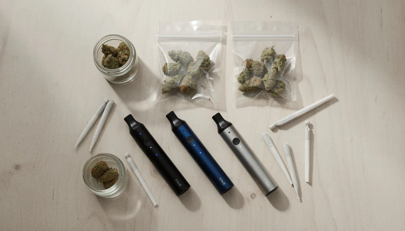 Auf einer hellen Holzoberfläche sind verschiedene Vape Pens und Cannabisprodukte arrangiert, darunter 10 oh hhc Vapes, Öle und Gummibärchen. Die Anordnung zeigt eine Vielfalt an Produkten, die für Konsumenten von Cannabinoiden und neuen psychoaktiven Stoffen von Interesse sind.