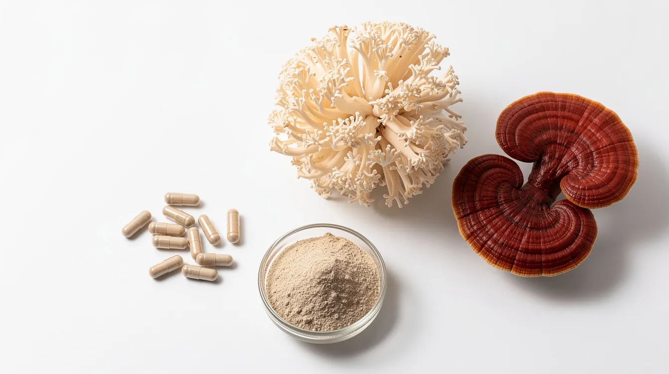 The image shows a clean white surface featuring supplement capsules and mushroom powder alongside fresh lion's mane and reishi mushrooms, highlighting the potential health benefits of these medicinal mushrooms. This arrangement emphasizes the importance of mushroom supplements in promoting well-being and supporting immune function.