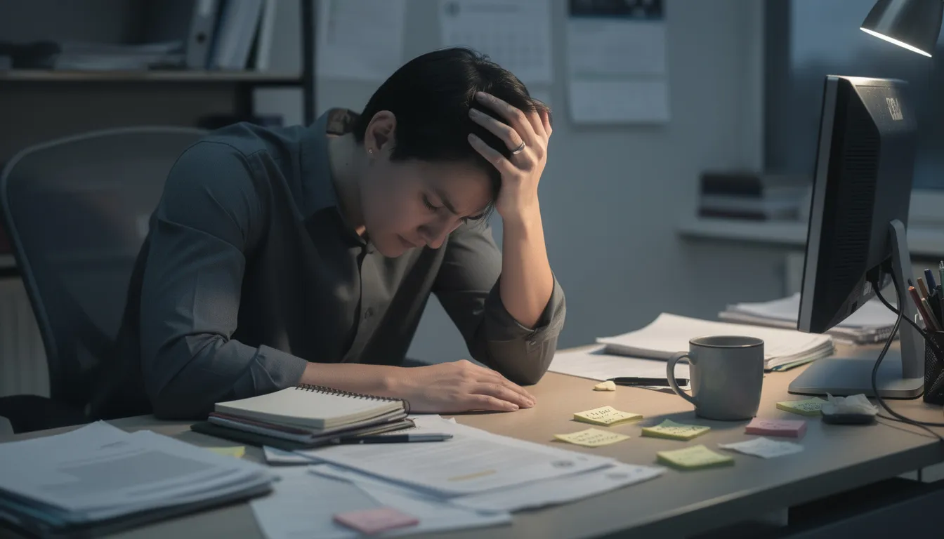 The image depicts a person sitting at a desk, visibly stressed with their head resting on their hand, reflecting the mental health symptoms often associated with workplace depression. This scene highlights the challenges of managing excessive workloads and the impact of a toxic work environment on overall well-being and productivity.
