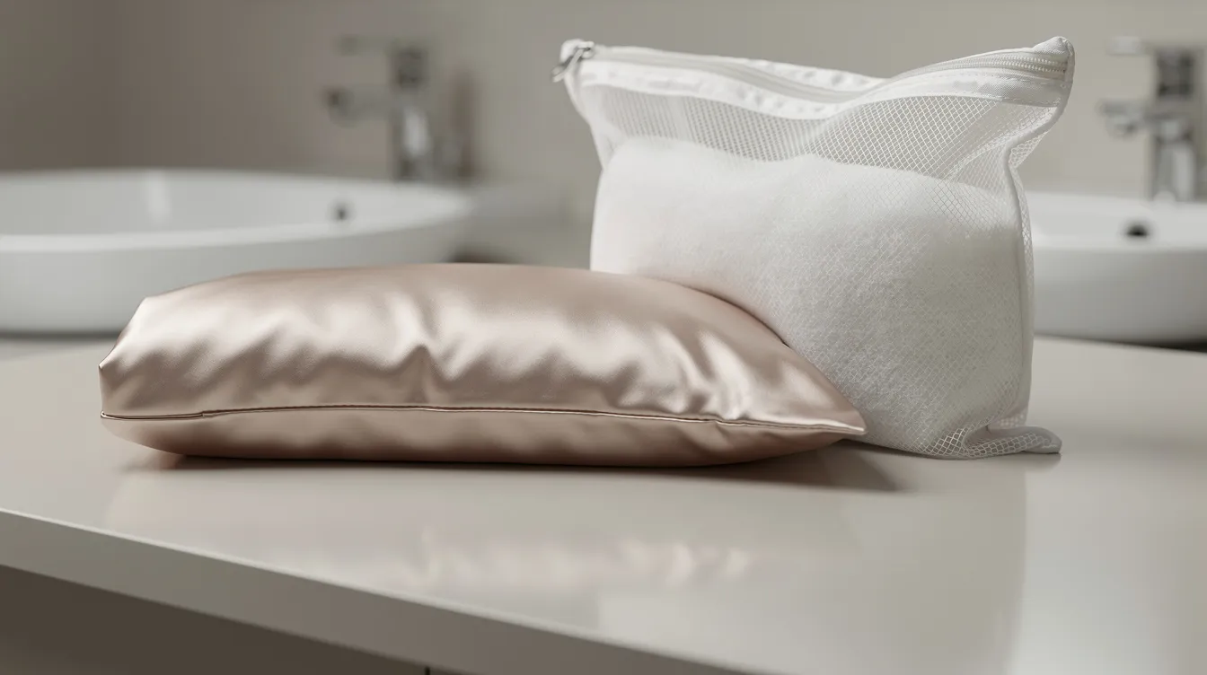 A neatly folded mulberry silk pillowcase rests beside a small mesh laundry bag on a bathroom counter, highlighting the luxurious feel and beauty benefits of silk fabric for hair and skin. This setup suggests care instructions for maintaining the quality of the best silk pillowcases, ideal for achieving frizz-free hair and glowing skin.