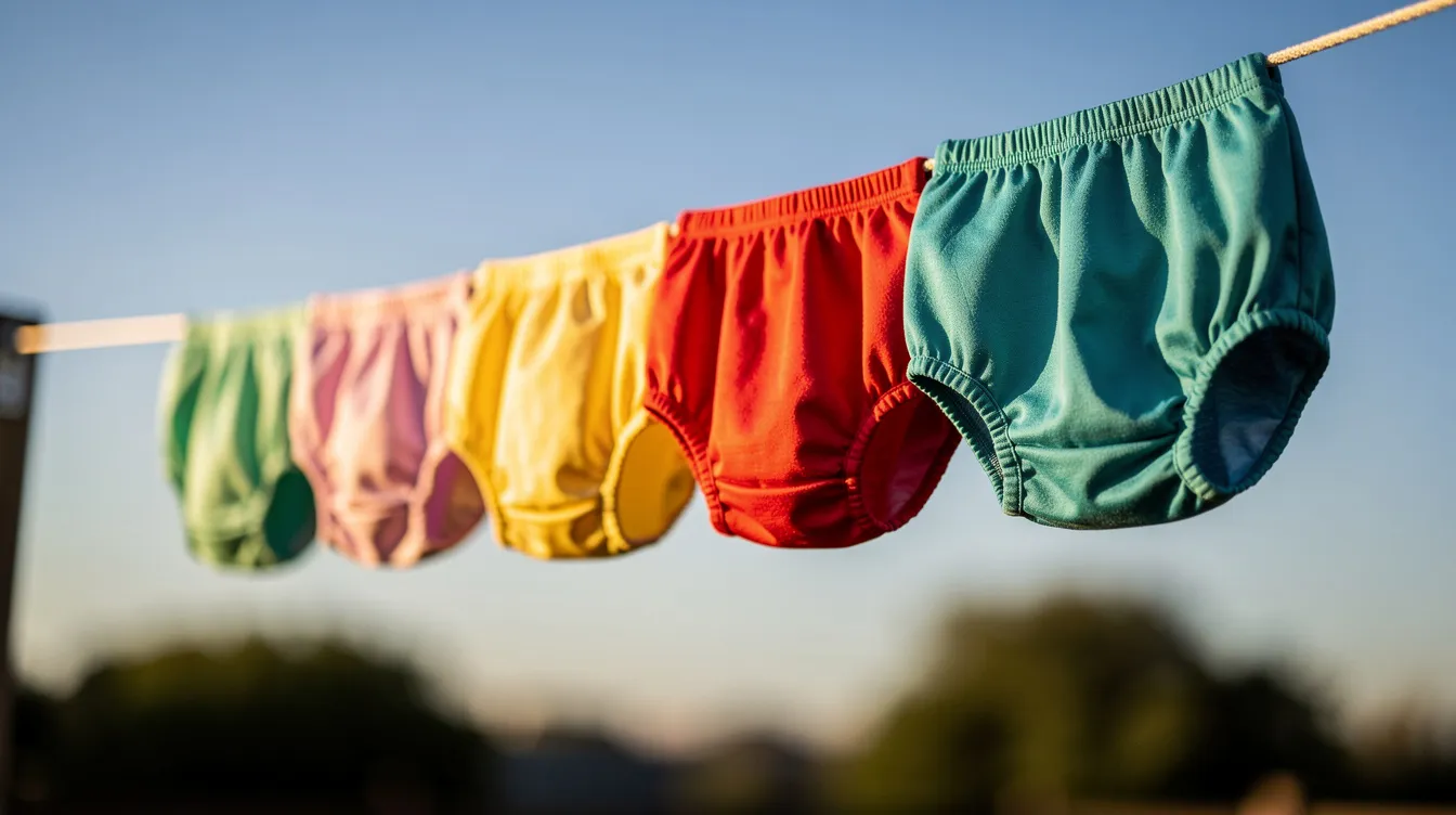 Auf der Wäscheleine hängen sauber aufgereihte unisex Trainingshosen in verschiedenen Farben, die im Sonnenlicht glänzen. Die Hosen bestehen aus einem Mischgewebe von 50% Baumwolle und 50% Polyester, was ihren Tragekomfort und die Pflegeleichtigkeit unterstreicht.