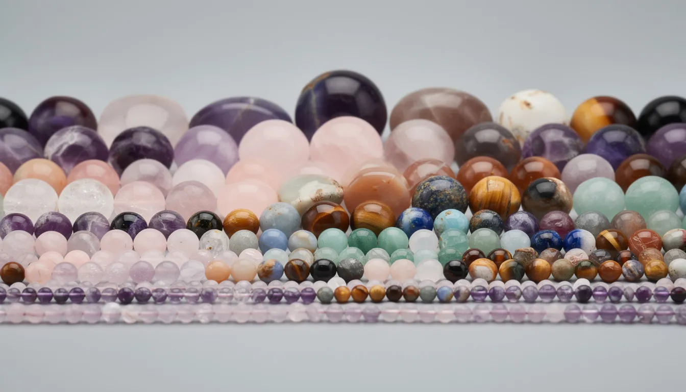 A vibrant display of semi precious gemstone beads is arranged by size, showcasing a range from small 4mm rounds to large 12mm focal beads. The collection includes popular stones like rose quartz, tiger eye, and amethyst, perfect for jewellery makers looking to create unique necklaces, bracelets, and earrings.