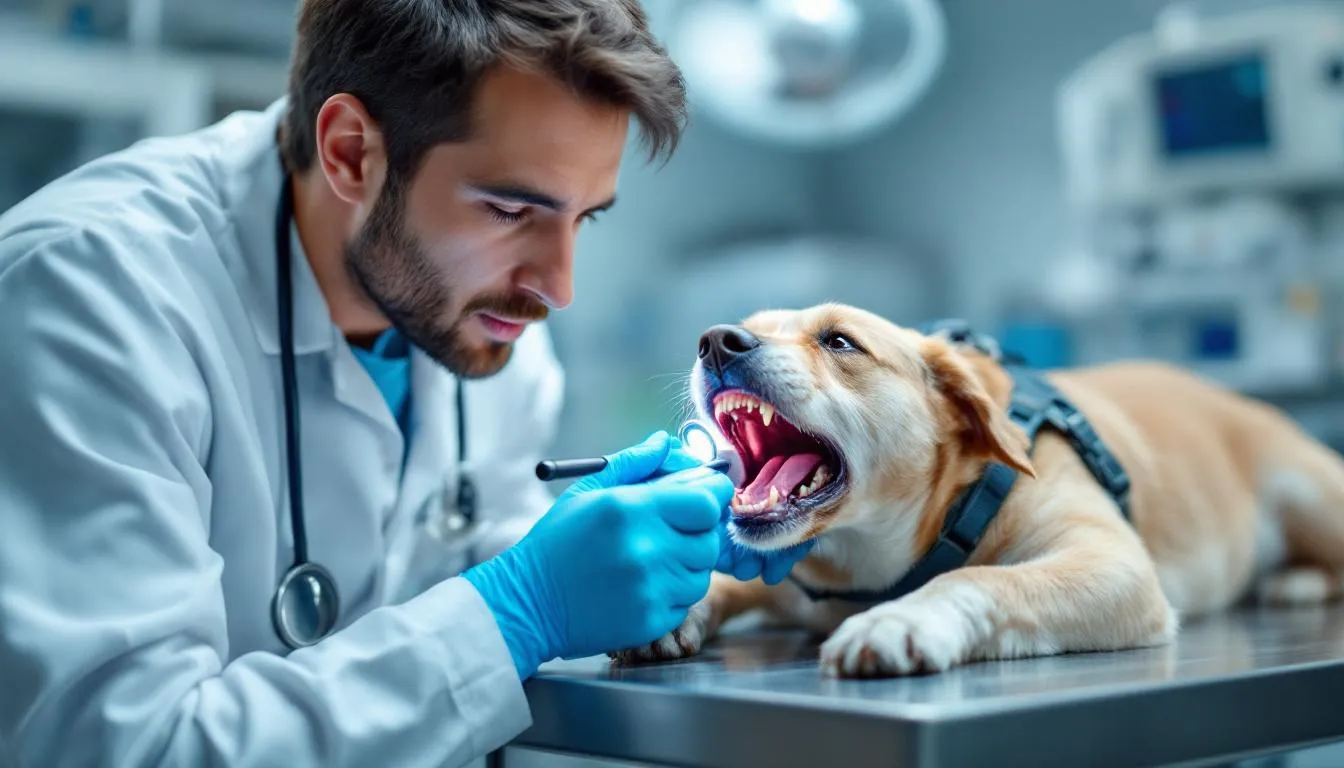 A veterinarian is examining a dog