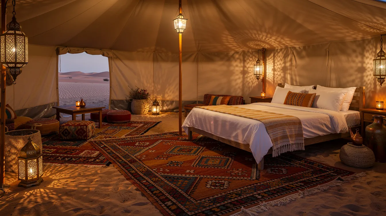 The image depicts the interior of a luxury desert camp tent in the Sahara, featuring vibrant Berber rugs, softly glowing lanterns, and a comfortable bed adorned with crisp white linens, all illuminated by warm lighting, creating an inviting atmosphere for travelers on their Sahara desert tours. This elegant setting promises an amazing experience amidst the stunning desert landscapes.