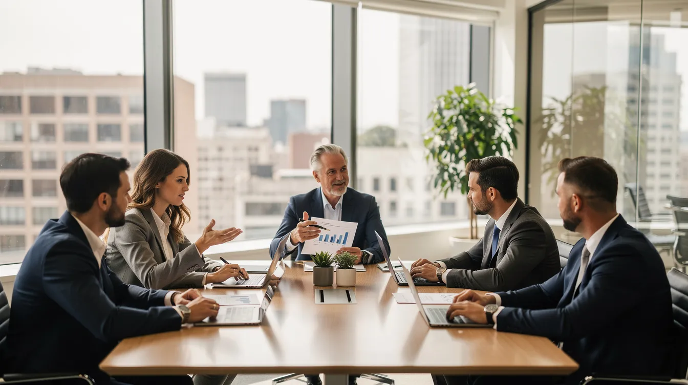 A professional team is gathered in a modern office for a meeting, discussing important topics related to general contracting, including contractor license requirements and liability insurance. The atmosphere is collaborative, with team members engaged in conversation and sharing ideas about construction projects and business practices.