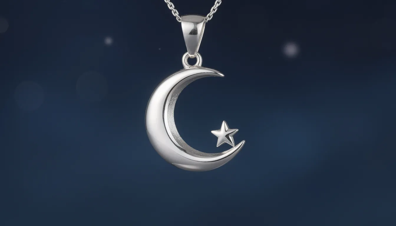 The image features a beautifully crafted silver moon pendant, showcasing a crescent moon shape adorned with a star, symbolizing mysticism and guidance. The sterling silver reflects light elegantly, highlighting the expert craftsmanship that makes this piece a meaningful gift.