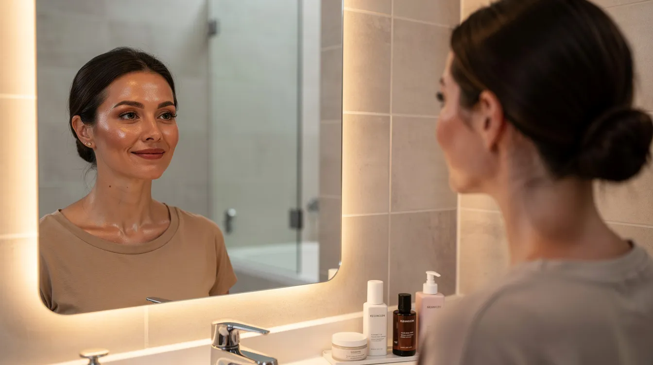 A relaxed adult gazes into a mirror, admiring their youthful appearance after an endolift treatment that effectively addressed moderate skin laxity and sagging skin. The minimally invasive laser procedure, known for its quick recovery and minimal downtime, has stimulated collagen production, resulting in noticeable improvement in facial contours and skin elasticity.
