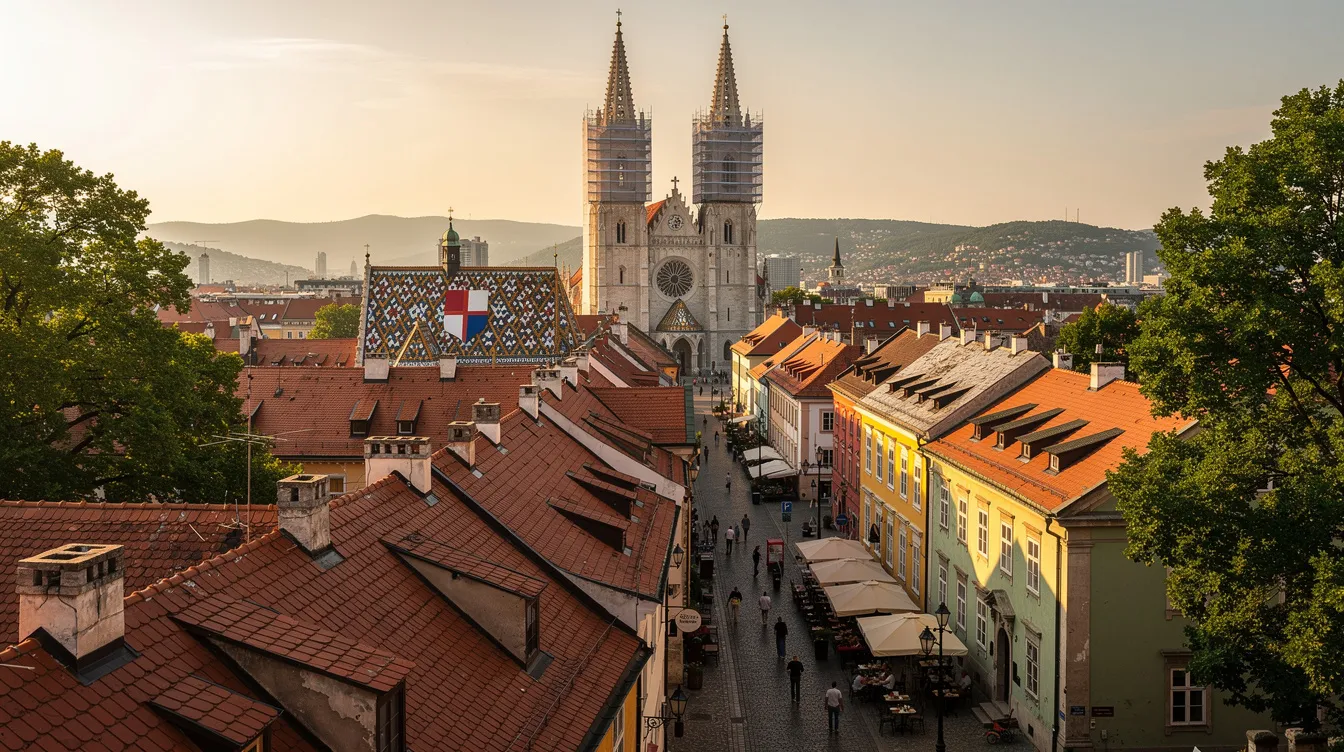 A imagem mostra uma vista panorâmica de Zagreb, a capital da Croácia, com seus edifícios históricos e ruas movimentadas. O cenário destaca a rica cultura e história da cidade, que é um importante destino turístico na Europa.