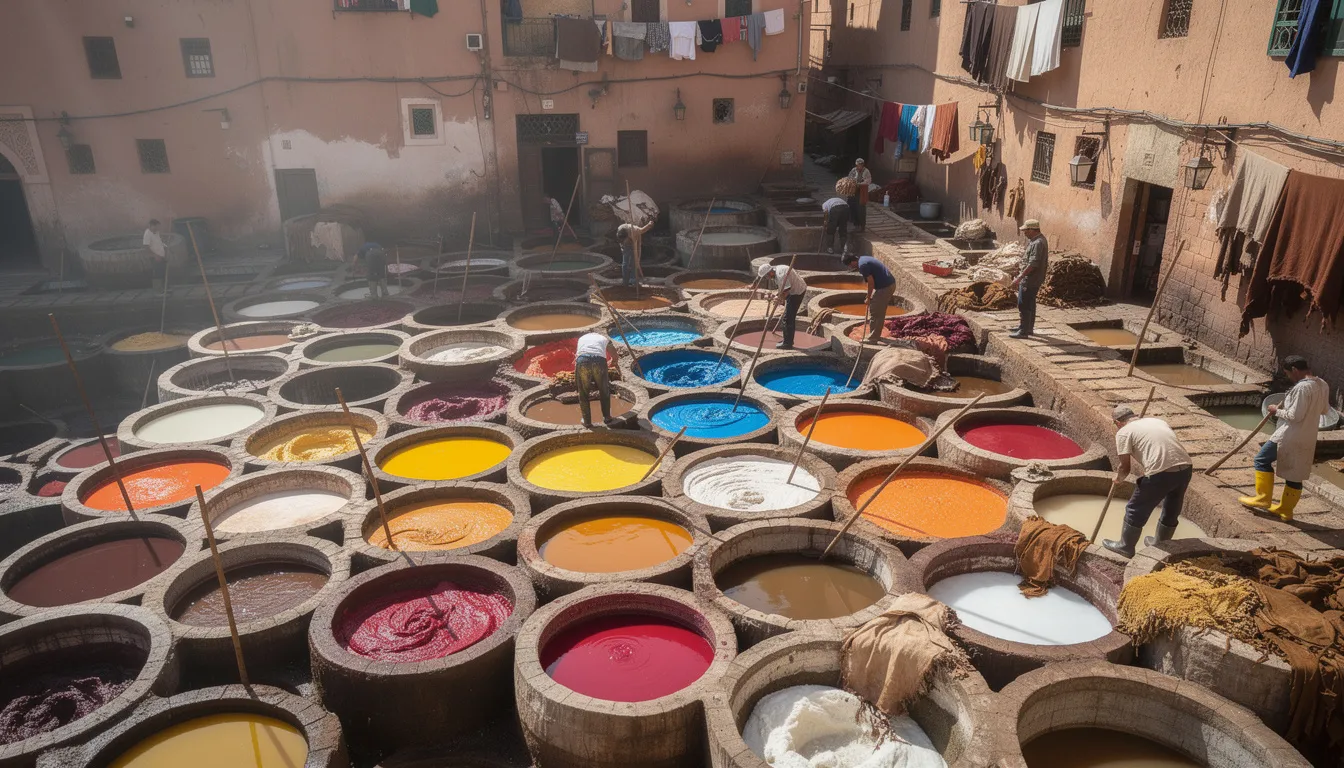 The image showcases the vibrant and colorful leather tanning vats at the traditional Chouara Tannery in the Fez medina, a key highlight of the imperial cities of Morocco. Surrounding the vats, artisans can be seen working with leather, creating a rich atmosphere that reflects the region's rich history and traditional Moroccan style.