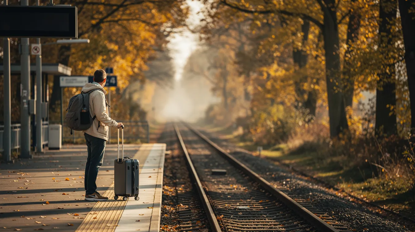 A traveler stands on a train platform surrounded by golden autumn leaves, holding a compact carry-on bag and a backpack, ready for a weekend trip. The scene captures the essence of fall travel, hinting at adventures and the excitement of upcoming trips.