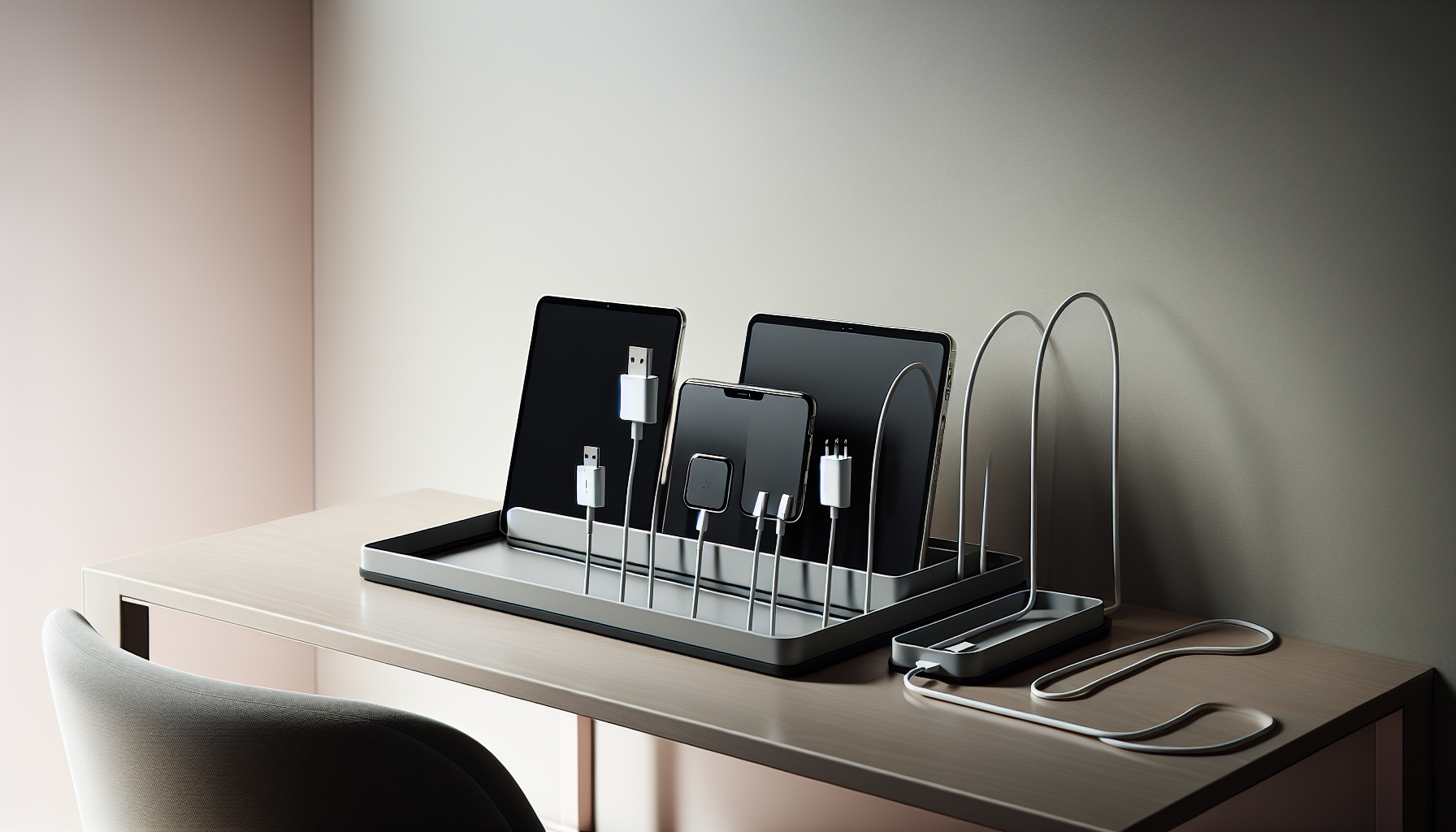 A desk with organized charging cables and a charging tray holding multiple devices