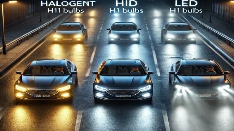 A comparison of three cars driving at night, using Halogen H11 Bulb, HID H11 Bulb and LEDH11 Bulb