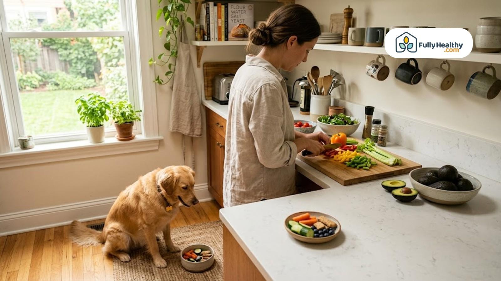 Woman preparing vegetables in kitchen while dog waits beside food bowl