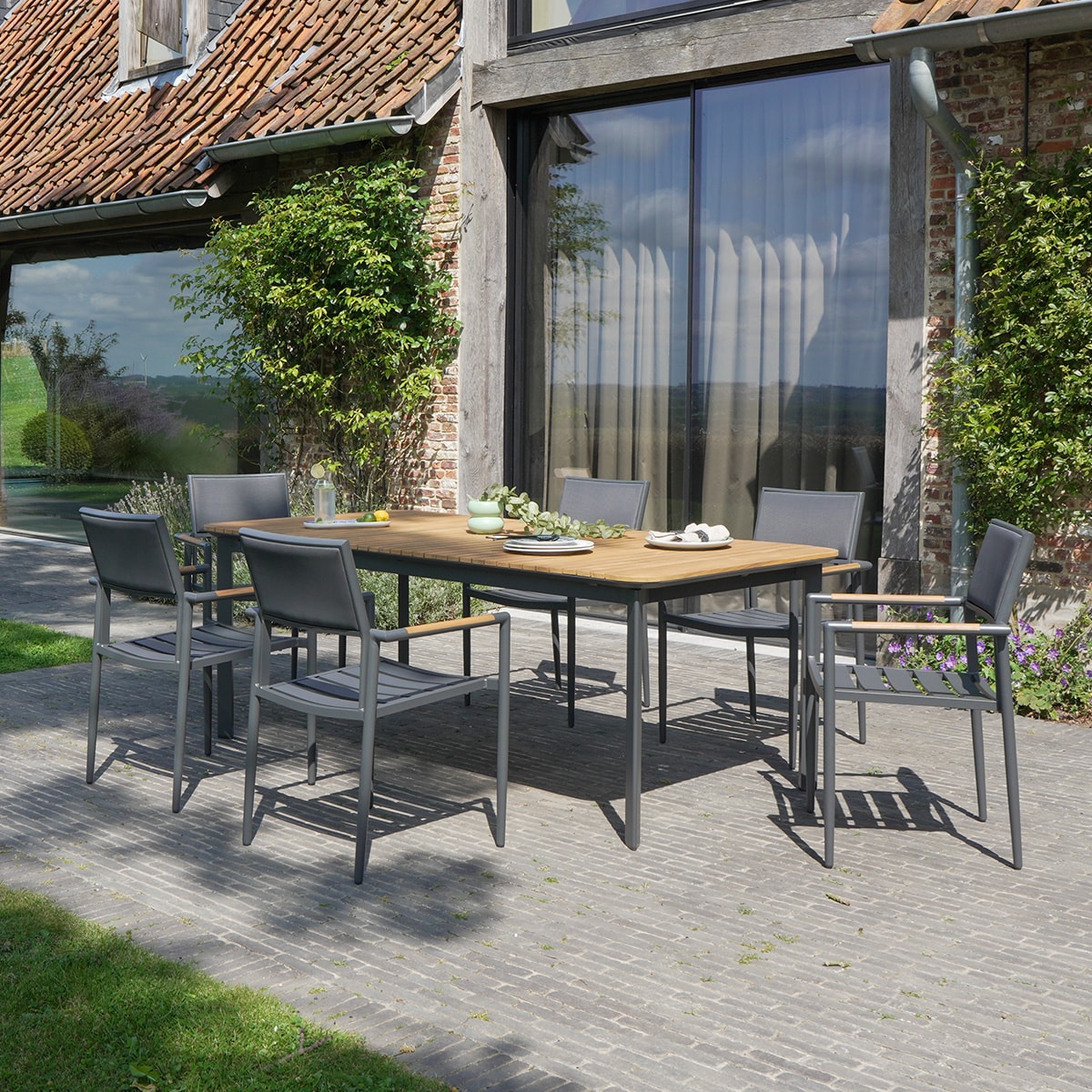 Table et fauteuils PIANA en aluminium et teck grade A