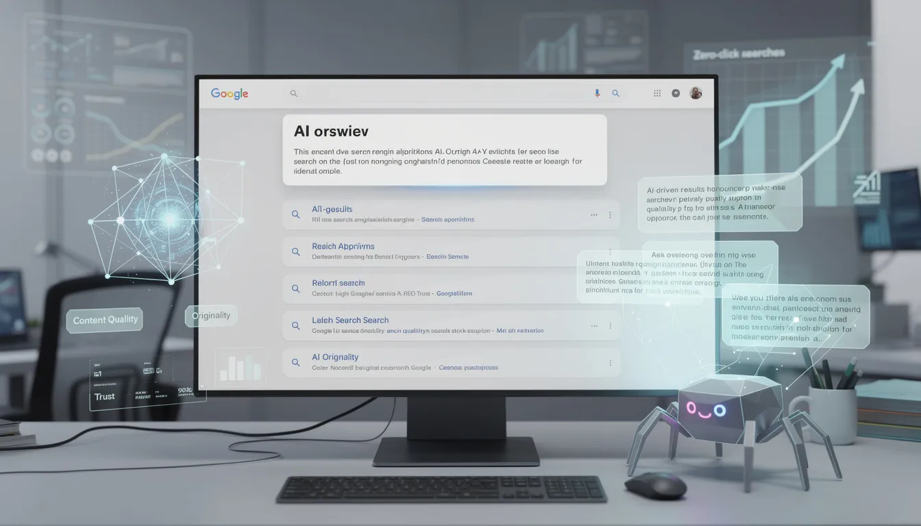 The image depicts a digital landscape showcasing the evolution of search engine optimization (SEO) strategies, highlighting the significance of content quality and the impact of AI technologies like AI crawlers and AI overviews on search visibility. It emphasizes the latest updates from Google, particularly the broad core update completed on December 29, 2025, which reinforces the need for valuable and trustworthy content in search results.