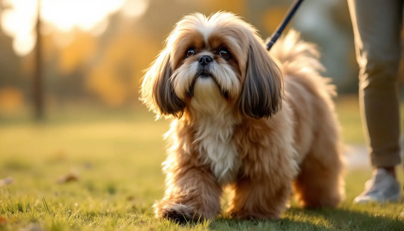 A Shih Tzu with a long, flowing coat is walking on a leash, showcasing its beautiful, silky fur. This small dog, known for its affectionate nature, is a popular choice among toy dog breeds and makes a delightful companion for pet lovers.