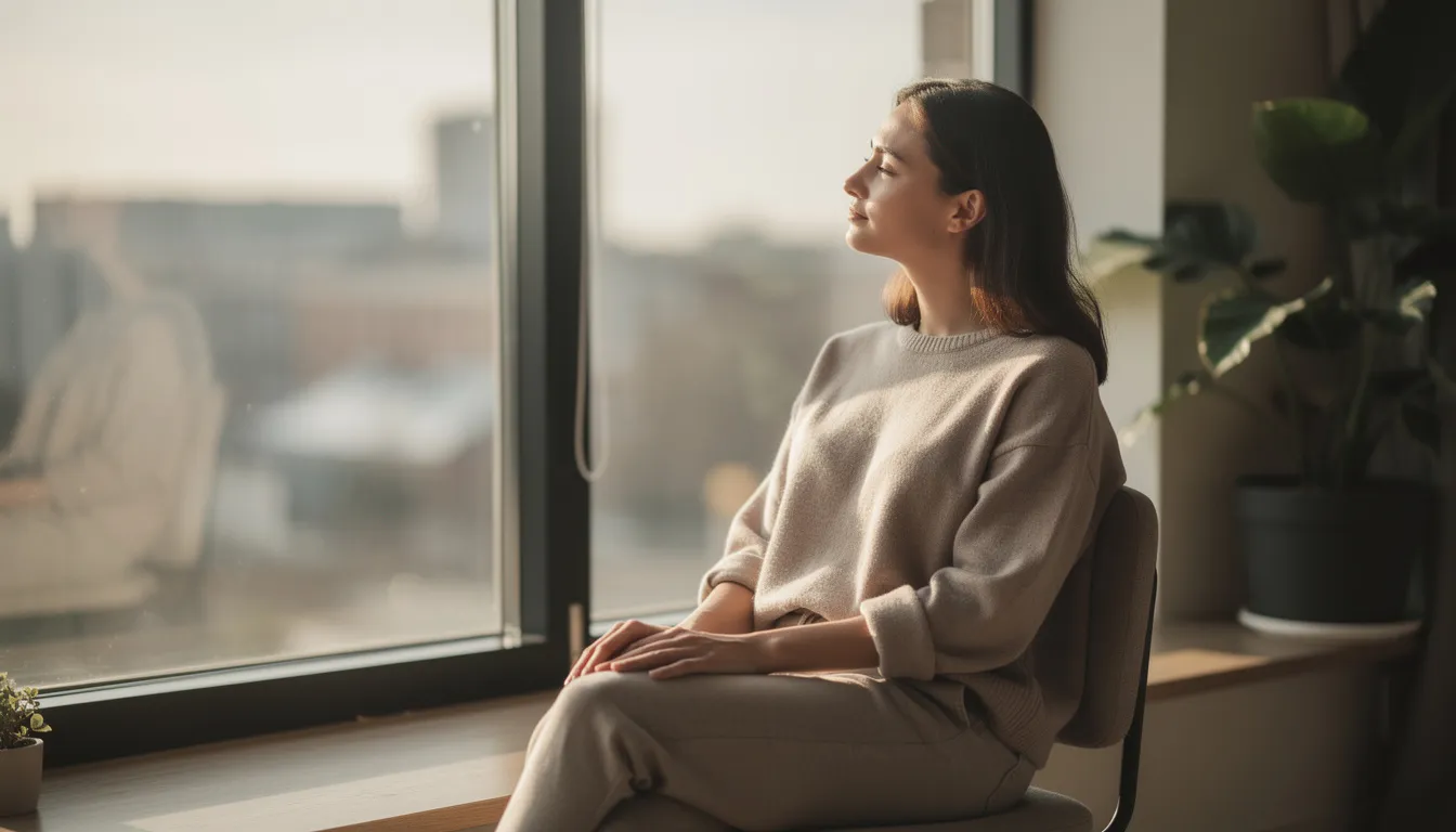 A calm person is sitting by a window, enjoying a moment of relaxation as natural light fills the space. This serene setting evokes a sense of peace, reminiscent of the atmosphere found in the best online casinos where one can unwind while playing real money casino games.