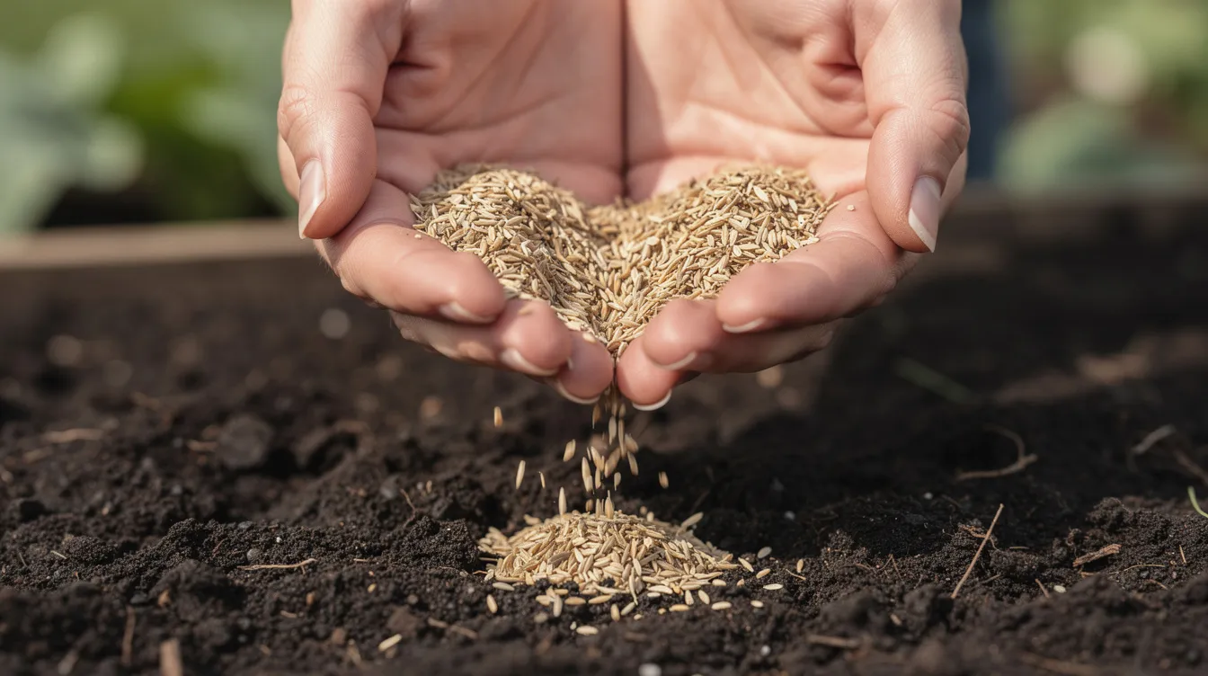 A close-up image shows hands carefully sprinkling grass seeds onto prepared dark soil in a garden, aiming to repair patchy grass and dead patches in the existing lawn. The soil appears moist, indicating readiness for the new seed to promote lush growth and a vibrant green lawn.
