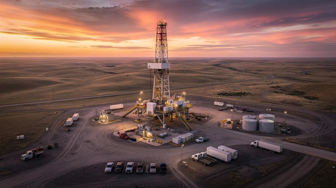 An aerial view captures an oil and gas drilling rig silhouetted against a vibrant sunset, with expansive open plains stretching out in the background. This scene highlights the energy sector's ongoing projects, including oil and gas operations, amidst a landscape that may soon embrace renewable energy initiatives.