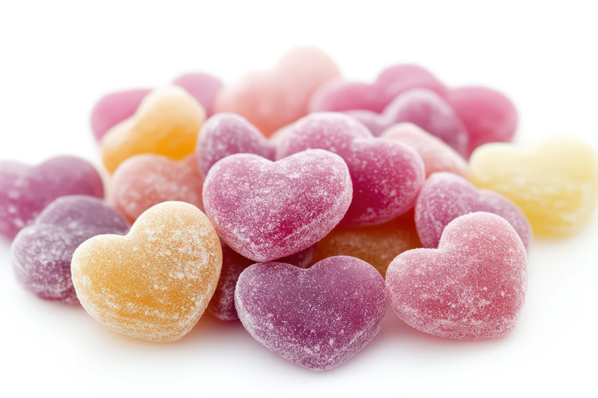 A pile of heart-shaped candies in various pastel colors like pink, purple, and yellow, dusted with sugar.